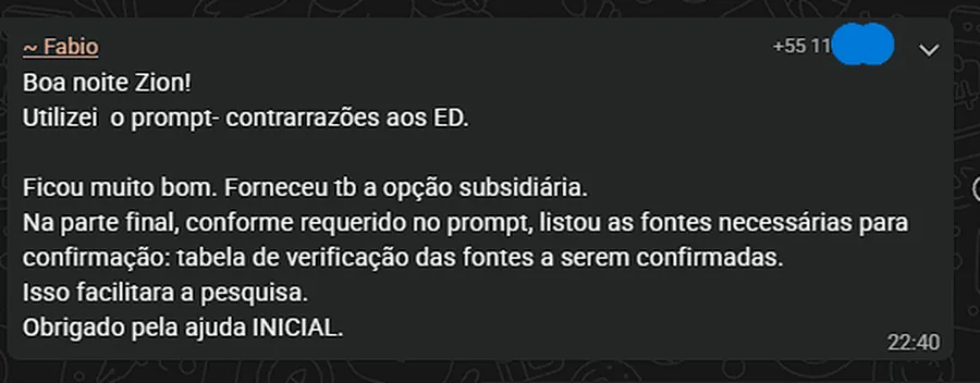 Print de conversa relatando o uso do prompt de contrarrazões aos embargos